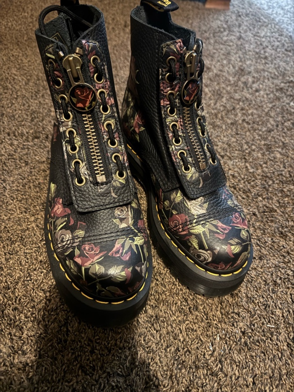 Dr. Martens Black Floral Combat Boots with Yellow Stitching
